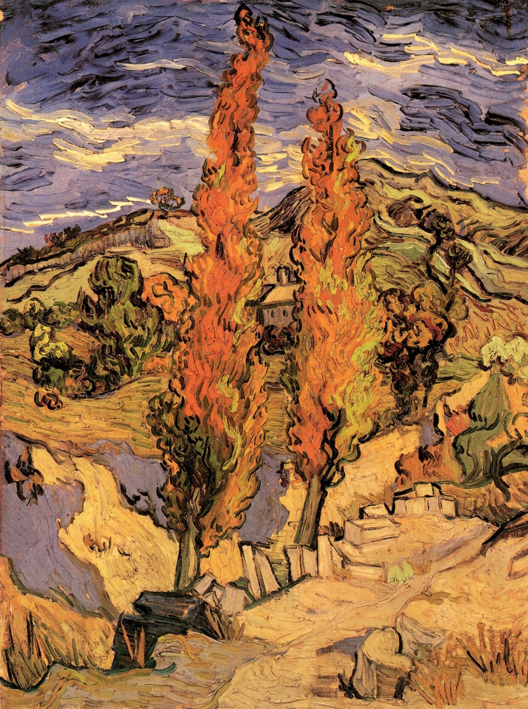 Картина Ван Гога Два тополя на дороге через холмы 1889